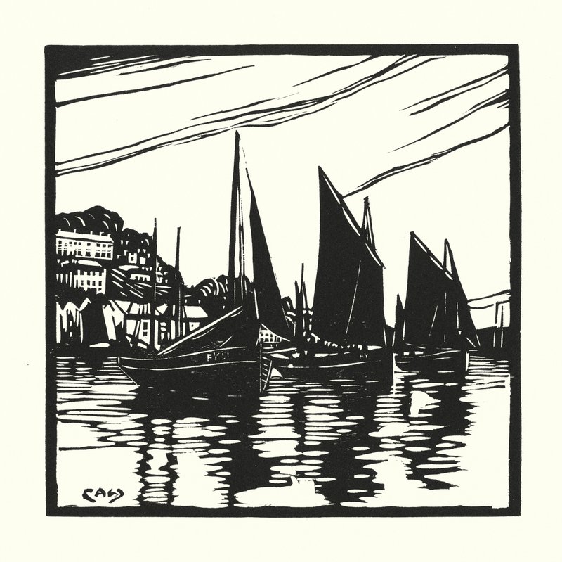 Fiskebåtar och pråmar: Cornish Drifters, Looe (träsnitt) av Cyril A. Wilkinson