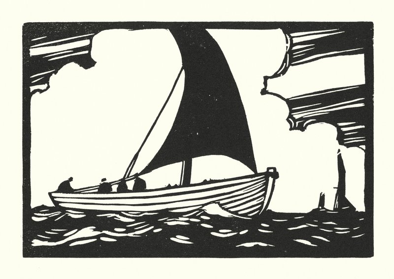 Fiskebåtar och pråmar: Deal Galley Punt (träsnitt) av Cyril A. Wilkinson