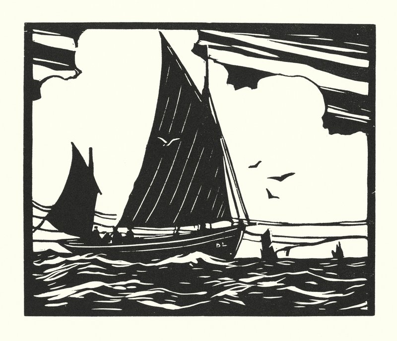 Fiskebåtar och pråmar: Deal Lugger (träsnitt) av Cyril A. Wilkinson