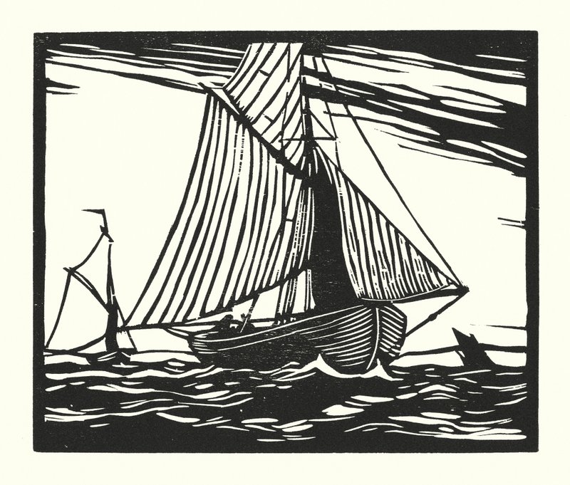 Fiskebåtar och pråmar: Fiskebåt, tidigt 1800-tal (träsnitt) av Cyril A. Wilkinson