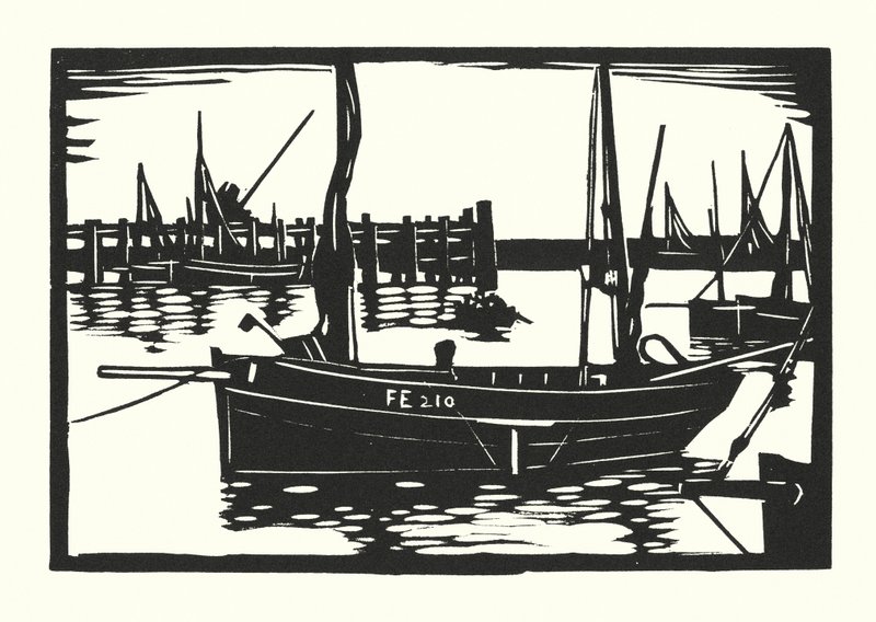 Fiskebåtar och pråmar: Folkestone Beam-Trawler (träsnitt) av Cyril A. Wilkinson