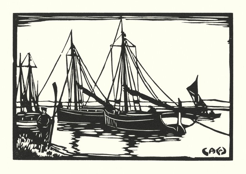 Fiskebåtar och pråmar: Leigh Bawleys (träsnitt) av Cyril A. Wilkinson