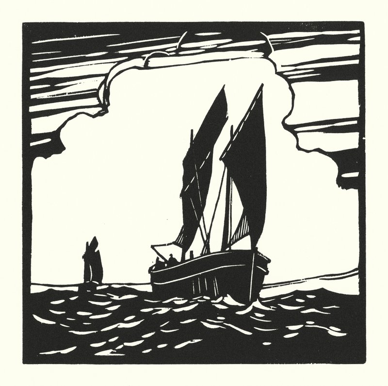 Fiskebåtar och pråmar: Mounts Bay Drifter (träsnitt) av Cyril A. Wilkinson