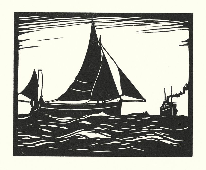 Fiskebåtar och pråmar: Plymouth Hooker (träsnitt) av Cyril A. Wilkinson