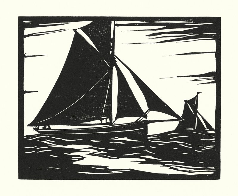 Fiskebåtar och pråmar: Plymouth Long Boomer (träsnitt) av Cyril A. Wilkinson