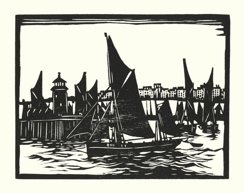 Fiskebåtar och pråmar: Ramsgate trålare (träsnitt) av Cyril A. Wilkinson