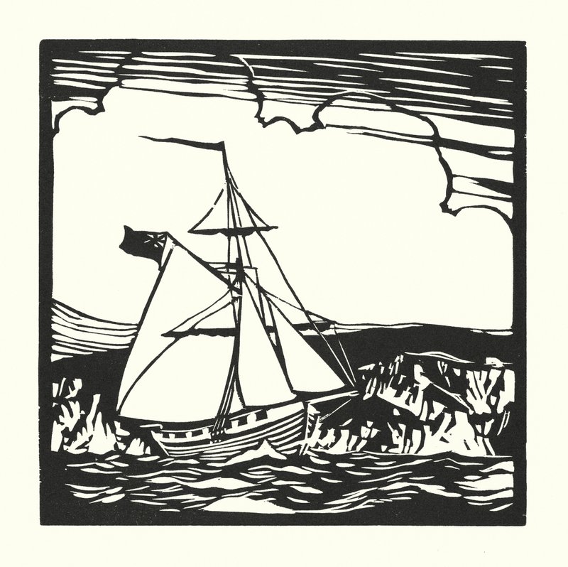Fiskebåtar och pråmar: Revenue Cutter (träsnitt) av Cyril A. Wilkinson