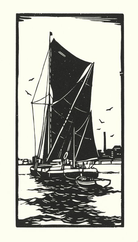 Fiskebåtar och pråmar: Thames Barge (träsnitt) av Cyril A. Wilkinson