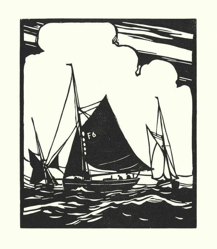 Fiskebåtar och pråmar: Whitstable Oyster Boat (träsnitt) av Cyril A. Wilkinson