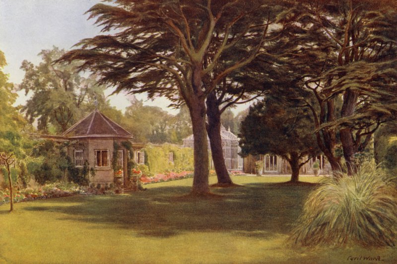 "En cederträ spred sina mörkgröna lager av skugga," Osborne Cottage (färg litho) av Cyril Ward