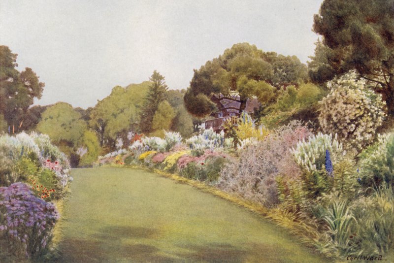Gränserna på gräsmattan på Swiss Cottage, Osborne (färg litho) av Cyril Ward