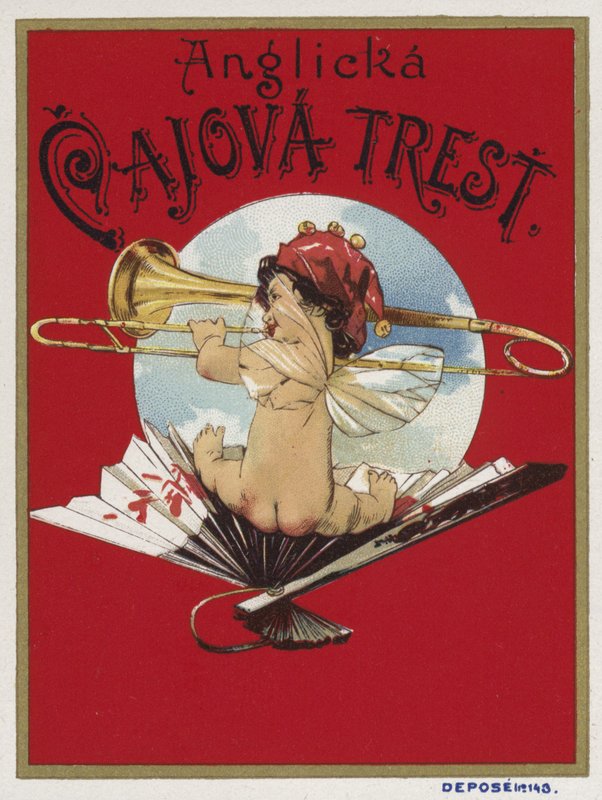 Produktetikett som visar en kerub som spelar en trombon av Czech School