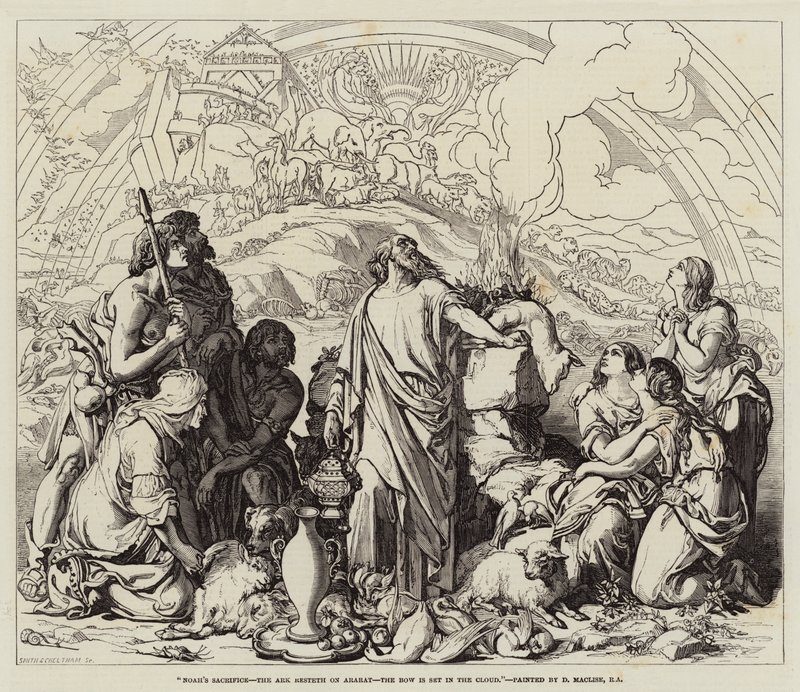 Noaks offer, arken vilar på Ararat, bågen ligger i molnet av Daniel Maclise