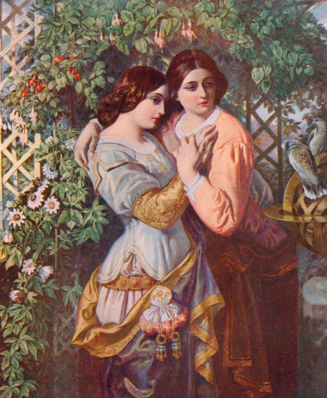 Shakespeare: Celia och Rosalind, As You Like It, Akt I, Scene 3 (färg litho) av Daniel (after) Maclise
