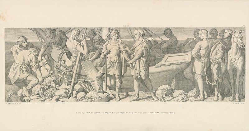 Harold, på väg att återvända till England, säger farväl till William, som laddar honom med farvälgåvor av Daniel Maclise