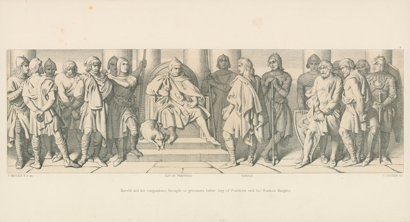 Harold och hans följeslagare förde, som fångar, inför Guy av Ponthieu och hans normandiska riddare av Daniel Maclise