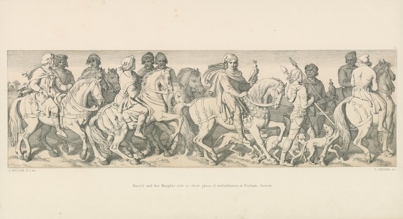 Harold och hans riddare rider till sin ombordstigningsplats i Bosham, Sussex av Daniel Maclise
