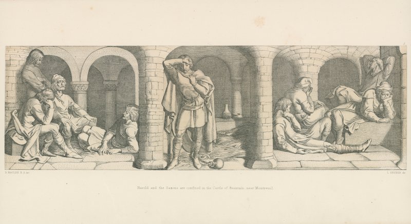 Harold och saxarna är instängda i slottet Beaurain, nära Montreuil av Daniel Maclise