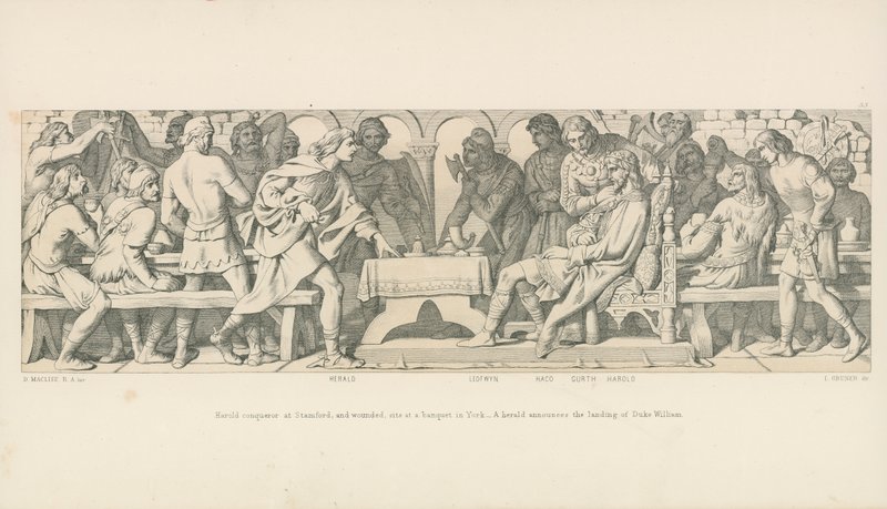 Harold erövrare i Stamford, och sårad, sitter vid en bankett i York. En härold tillkännager hertig Williams landstigning av Daniel Maclise
