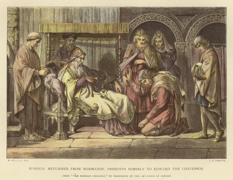 Harold, återvänd från Normandie, presenterar sig för Edward Bekännaren av Daniel Maclise