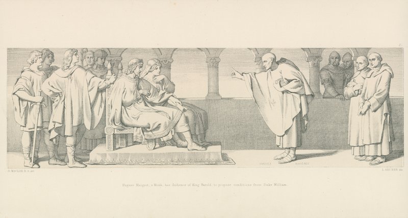 Hugues Maigrot, en munk, har kung Harolds publik för att föreslå villkor från hertig William av Daniel Maclise