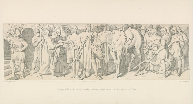Samtidigt vinner Tostig och Harold Hardrada och får inlämnandet av staden York av Daniel Maclise