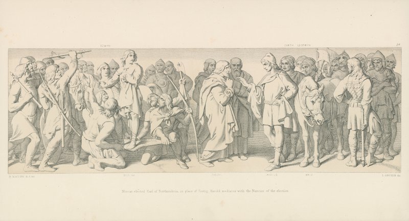 Morcar, vald till jarl av Northumbria, i stället för Tostig, Harold medlar med valets nuneios av Daniel Maclise