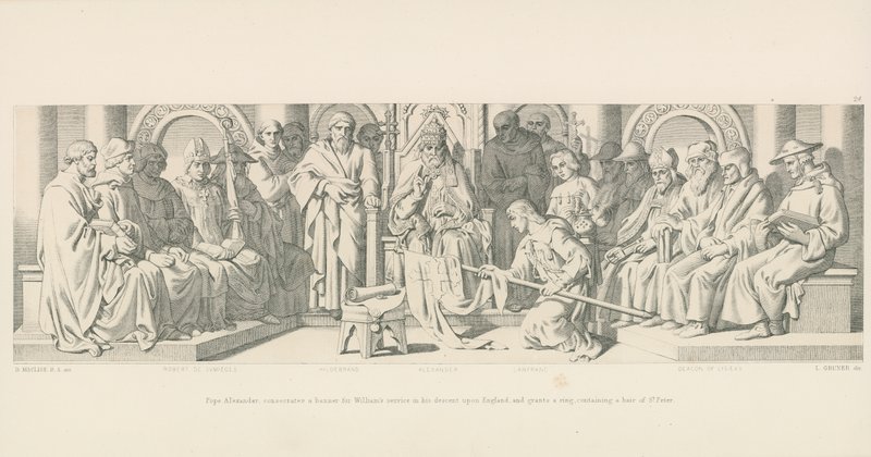 Pave Alexander, indvier et banner til Vilhelms tjeneste i hans nedstigning over England og giver en ring, indeholdende et hår af St. Peterswed av Daniel Maclise