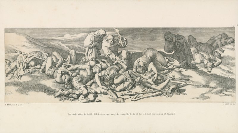 Natten efter slaget; Edith upptäcker, bland de dödade, Harolds kropp, den sista sachsiske kungen av England av Daniel Maclise
