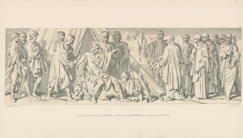 Dagen före slaget. En riddare, med munkar, skickad av William för att förhandla med Harold av Daniel Maclise