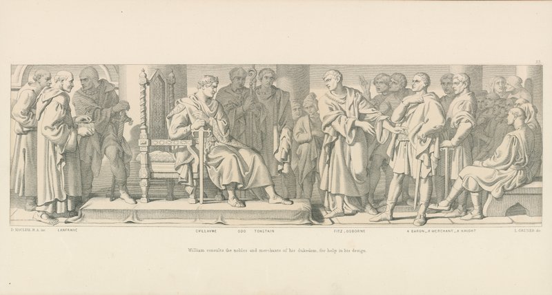 William konsulterar adelsmännen och köpmännen i sitt hertigdöme för hjälp med sin design av Daniel Maclise