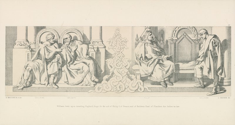 William, böjd för att invadera England; ber om hjälp av Filip I av Frankrike och Baldwin jarl av Flandern hans svärfar av Daniel Maclise
