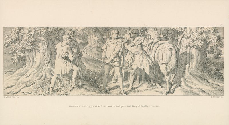 William, på sin jaktmark i Rouen, tar emot underrättelser från Tostig av Harolds kröning av Daniel Maclise