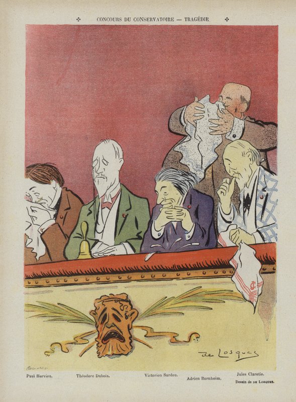 Tävling på konservatoriet i Paris - tragedi. Illustration för Le Rire av Daniel de Losques