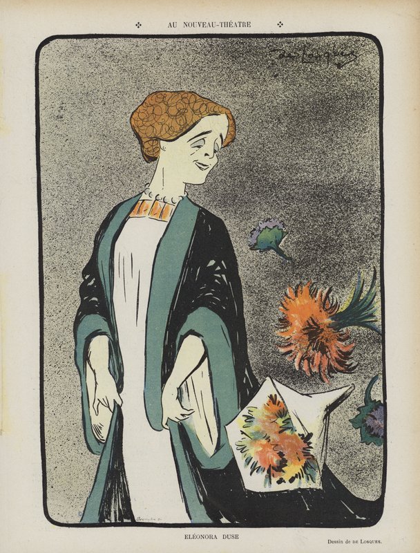 Eleonora Duse, italiensk skådespelerska. Illustration för Le Rire av Daniel de Losques