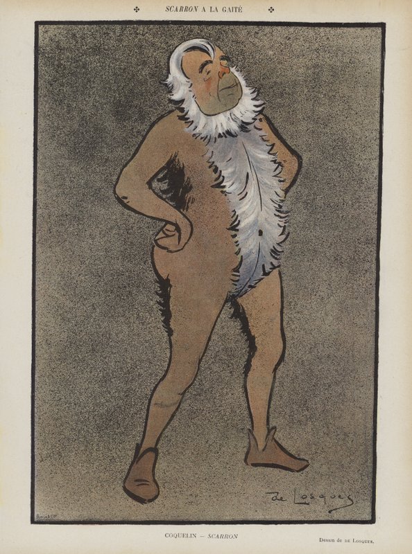 Franske skådespelaren Benoit-Constant Coquelin i Scarron på Theatre de la Gaite. Illustration för Le Rire av Daniel de Losques