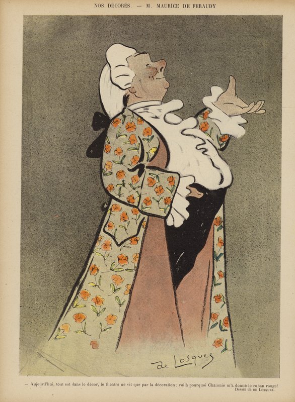 Maurice de Feraudy, fransk låtskrivare och skådespelare. Illustration för Le Rire av Daniel de Losques