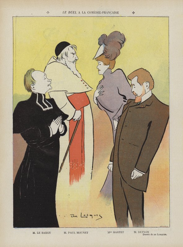 Produktion av pjäsen Le Duel på Comedie-Francaise. Illustration för Le Rire av Daniel de Losques