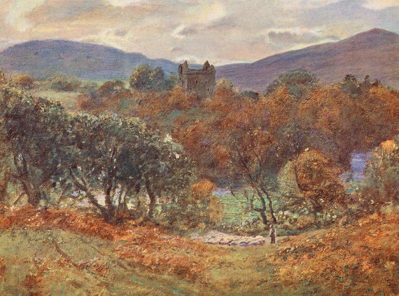 Newark Castle, vid floden Yarrow (färglitografi) av David (after) Murray