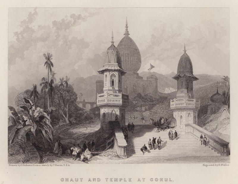 Ghaut och templet vid Gokul (färg litho) av David (after) Roberts