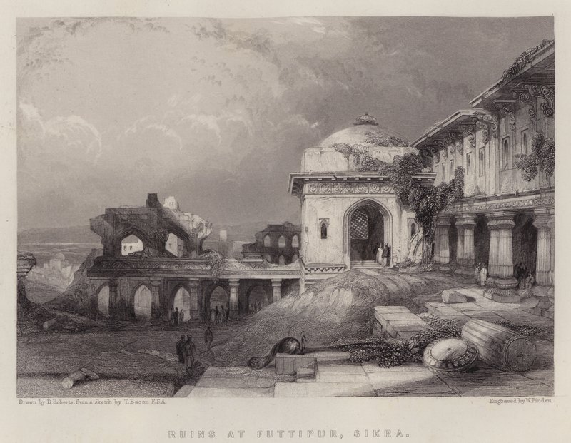 Ruiner i Futtipur, Sikra (färg litho) av David (after) Roberts
