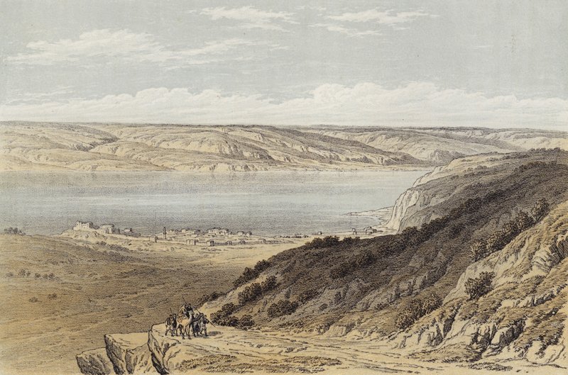 Tiberias hav blickar mot Basan (färg litho) av David (after) Roberts
