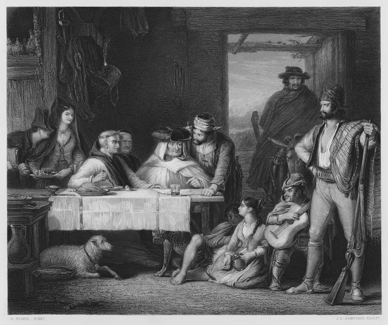 A Guerilla Council of War, i en spansk posado, bilden i den kungliga samlingen (gravyr) av David (after) Wilkie