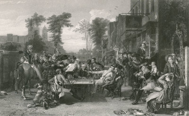 Chelsea-pensionärer läser tidningen om slaget vid Waterloo (gravyr) av David (after) Wilkie