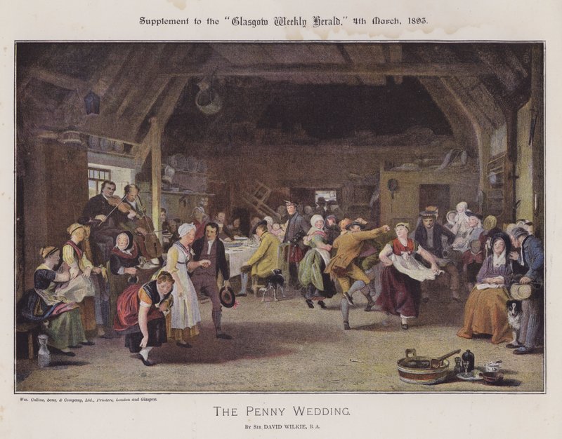 The Penny Wedding (färg litho) av David (after) Wilkie