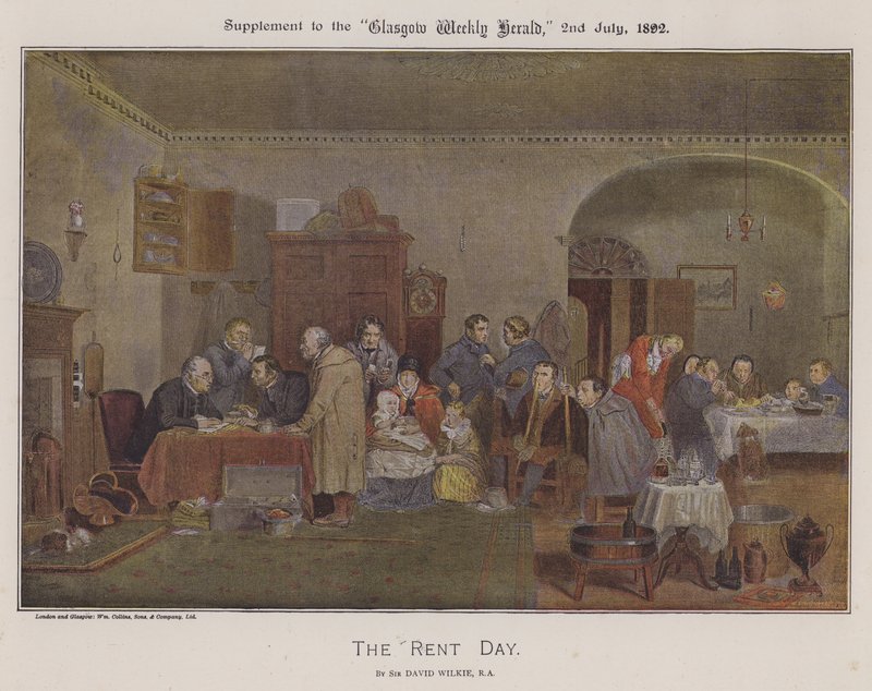 The Rent Day (färg litho) av David (after) Wilkie