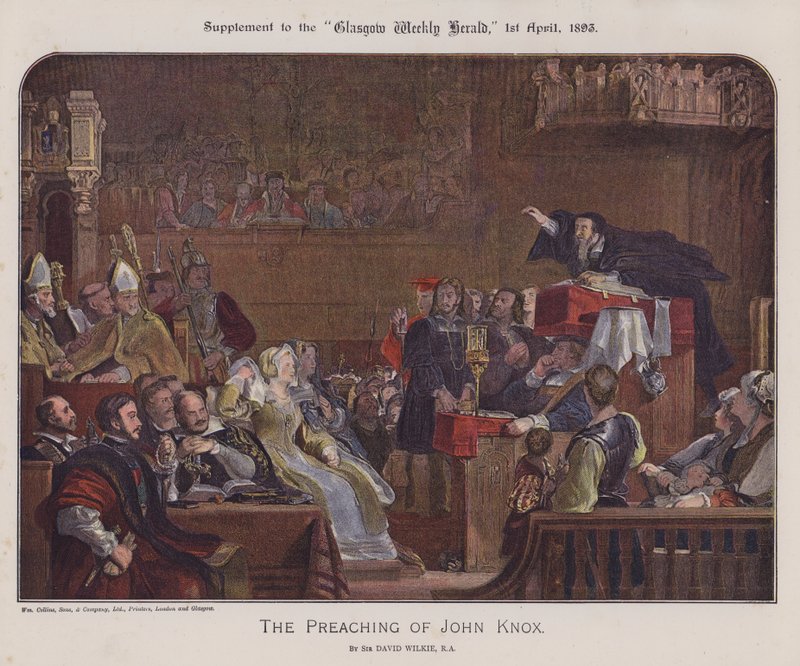 Predikan av John Knox (färg litho) av David (after) Wilkie
