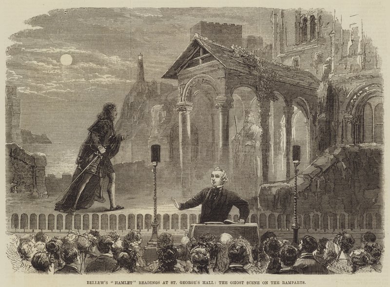 Bellews Hamlet-läsningar vid St Georges Hall, spökscenen på vallarna av David Henry Friston