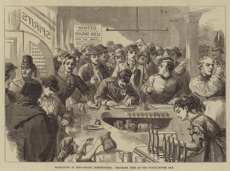 Rekrytering i King-Street, Westminster, Sergeant Kite på Public-House Bar av David Henry Friston