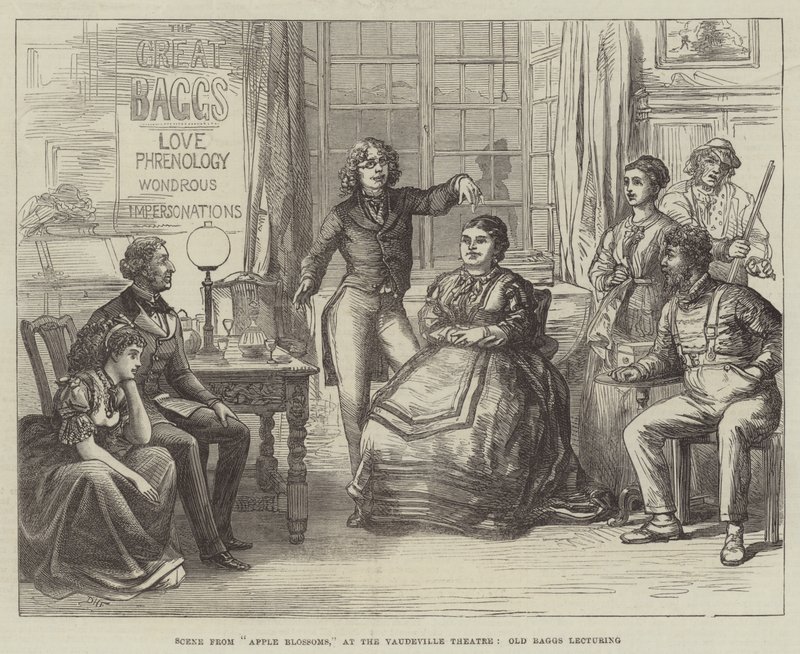Scen från Apple Blossoms, på Vaudeville Theatre, Old Baggs föreläser. av David Henry Friston